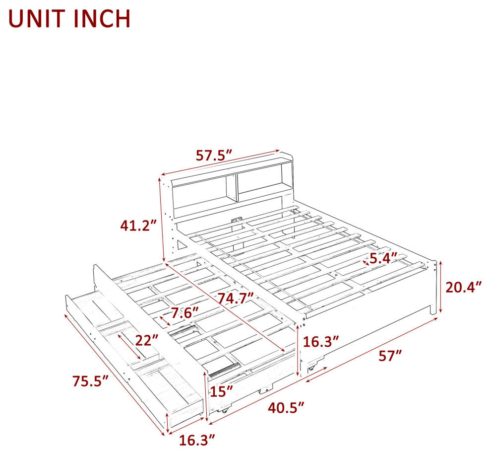 Full/Twin Wood Frame Platform Bed with Trundle and Drawers, Espresso, Full