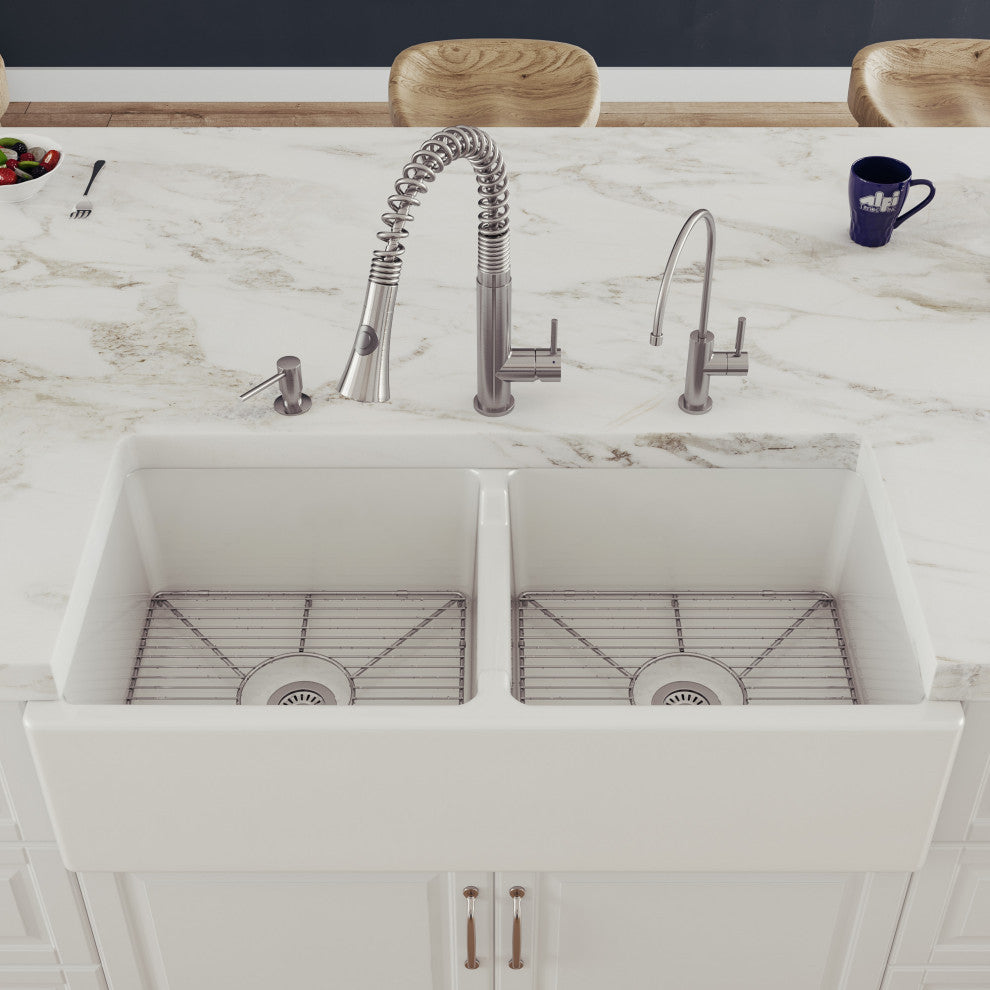 Ab3918-W 39" White Smooth Thick Wall Fireclay Double Bowl Farm Sink