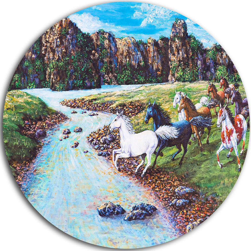Horses Crossing The Stream, Landscape Painting Round Metal Artwork, 23"