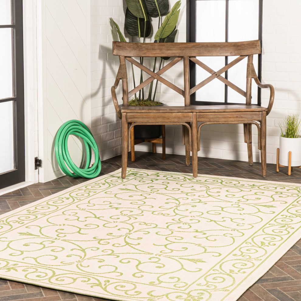 Charleston Filigree Textured Weave Indoor/Outdoor, Cream/Green, 8 X 10
