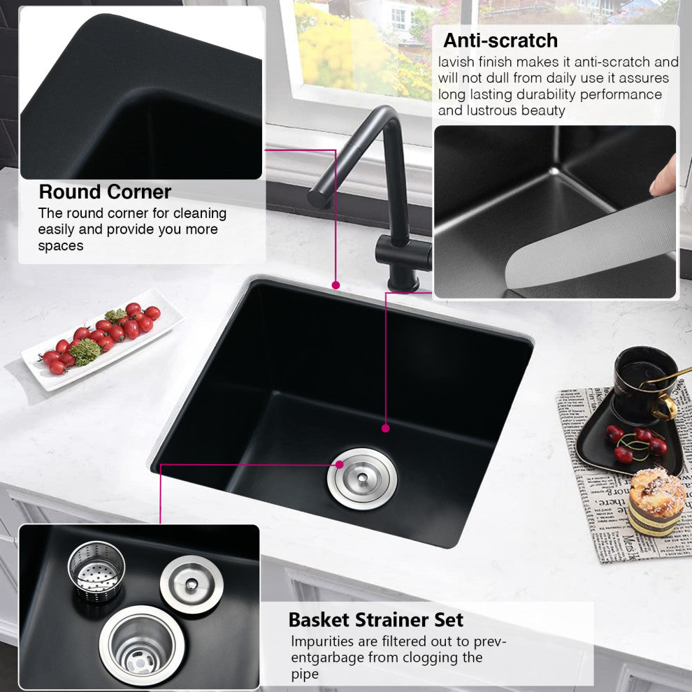 18"Lx16" W Quartz Bar Sink with Basket Strainer Matte Black