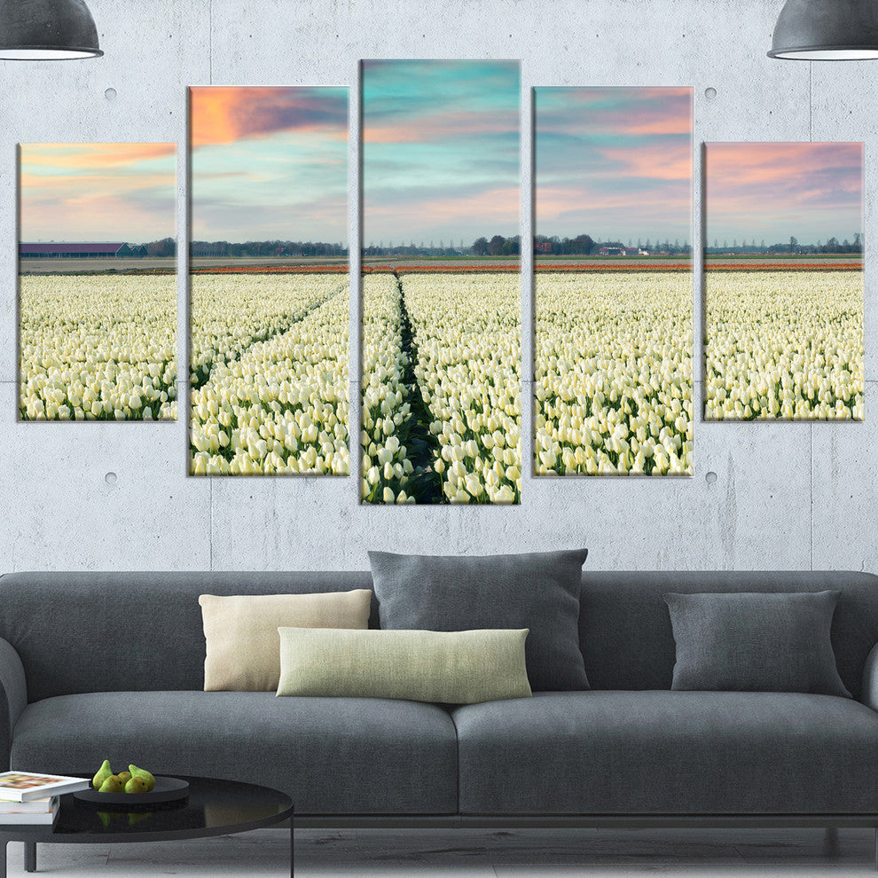 Morning in Tulip Farm Near Espel Village, Landscape Wall Art, 60"x32", 5 Panels