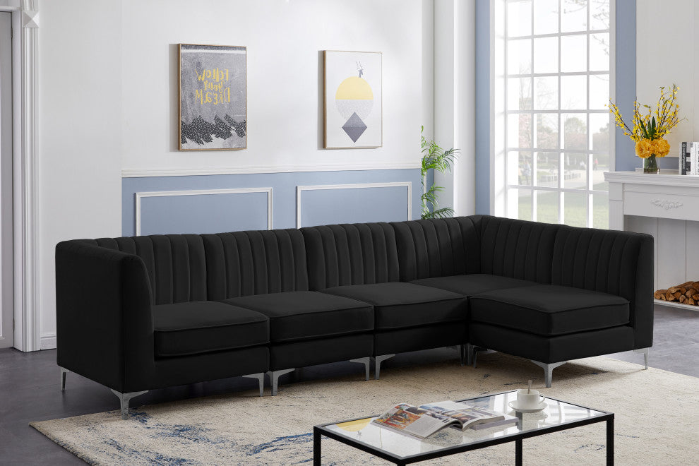 Alina Velvet Modular L-Shaped Modular Sectional, Black, 5-Piece: 3 Armless Chair, 2 Corner Chair