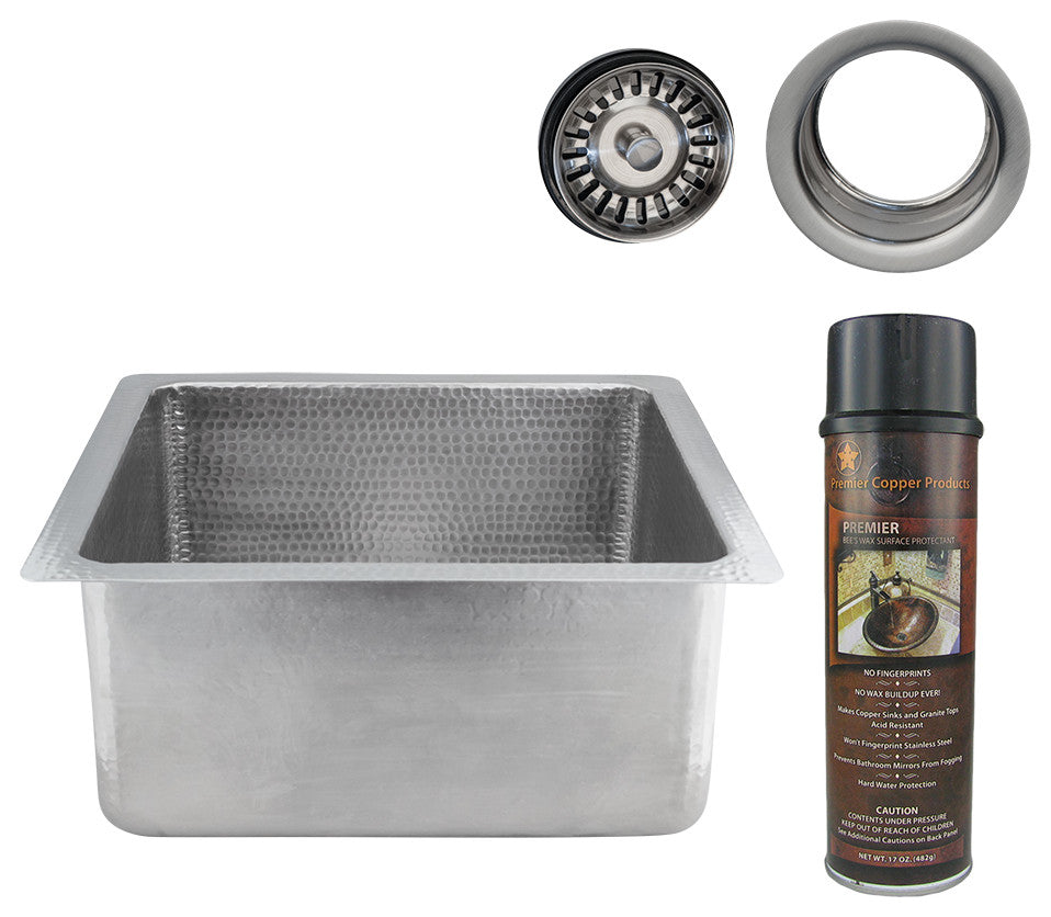16" Square Hammered Copper Bar/Prep Sink, Nickel, 3.5" Drain Opening