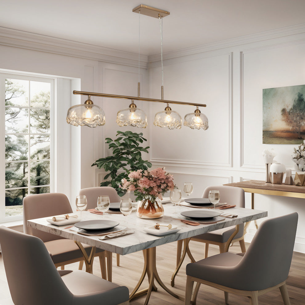 LNC Ranunculus 4-Light 44.5" Brass Modern Linear Glass Island Light