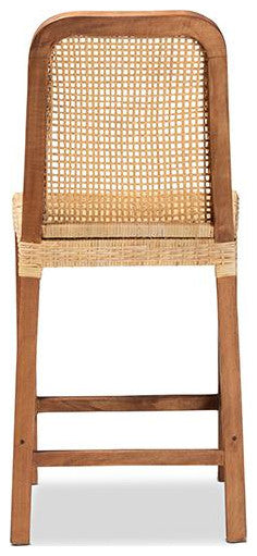 Caspia Modern Walnut Brown Finished Wood and Natural Rattan Counter Stool