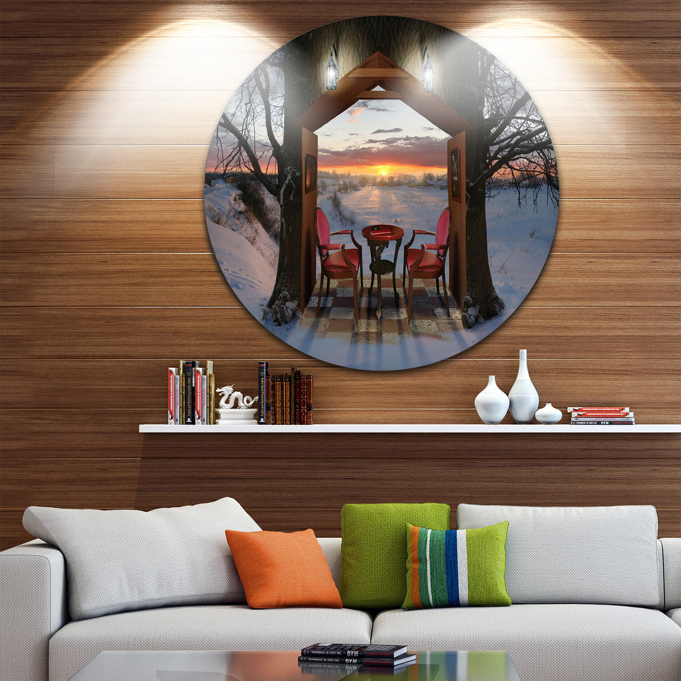 Home Shaped Trees Collage, Landscape Art Disc Metal Wall Art, 36"
