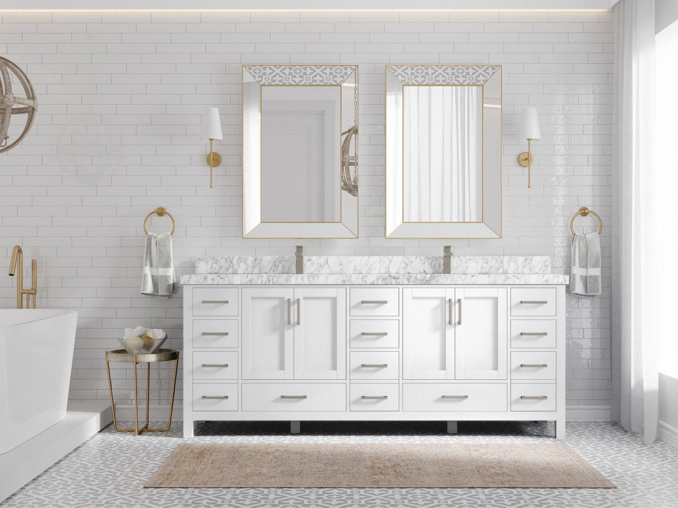 Malibu 84 Double Sink Bath Vanity in White  2" Carrara Marble