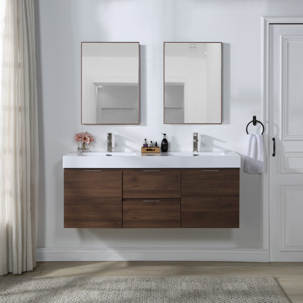 Stufurhome Valeria 59 in. Wall Mounted Bathroom Vanity without Mirror, Walnut, D