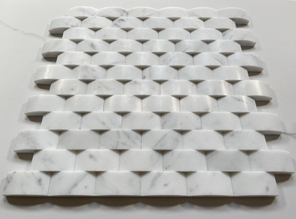 Carrara Marble 3D Cambered 1x2 Arched Mosaic Tile Honed Venato Carrera, 1 sheet