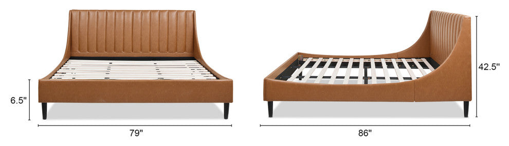 Aspen Modern Vertical Tufted Upholstered Platform Bed, Caramel Tan Brown Faux Leather, King