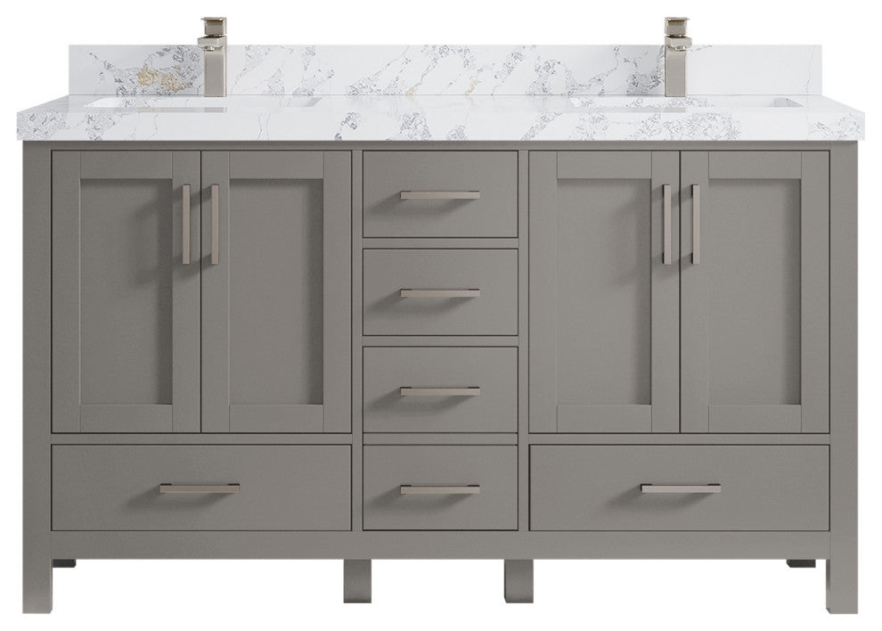 Malibu 60 Double Sink Vanity in Elephant Skin Gray 2" Calacatta Poanazzo