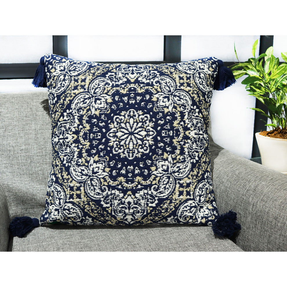 Navy Blue Machine Woven with Tassels Belvoir Throw Pillow, 20" x 20"