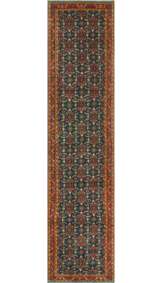 Fine Vintage Distressed Huriye Navy/Red Runner, 3'1x13'2