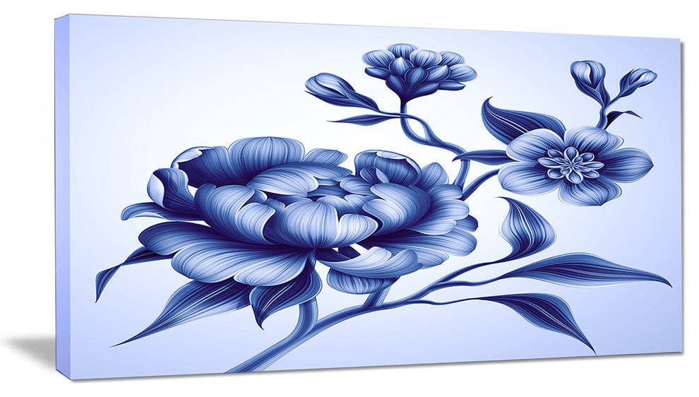 Blue Peony Rose and Sakura Flowers, Floral Canvas Art Print, 32"x16"