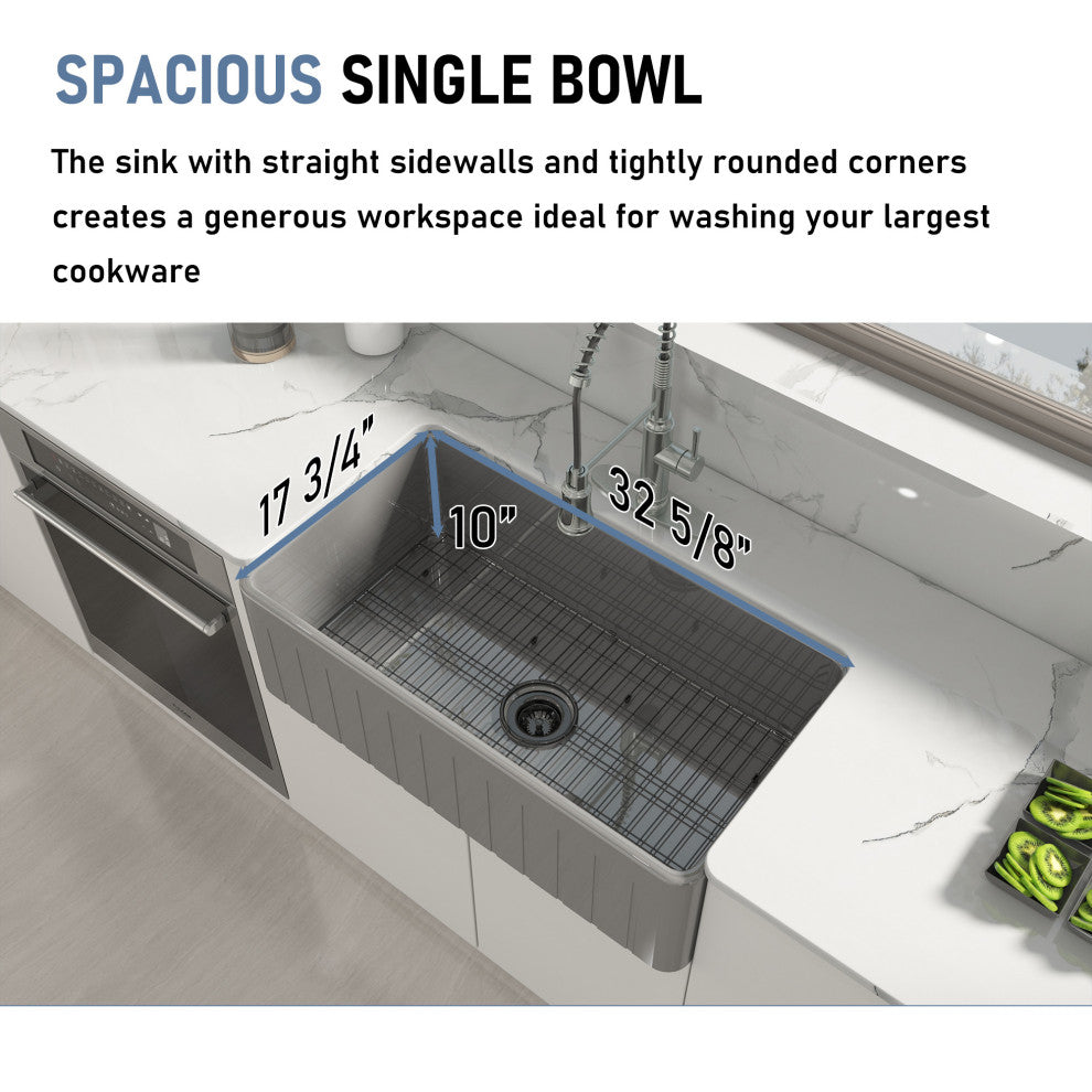 33in Single Bowl Fireclay Farmhouse Apron Kitchen Sink with Grid and Drainer, Matte Gray