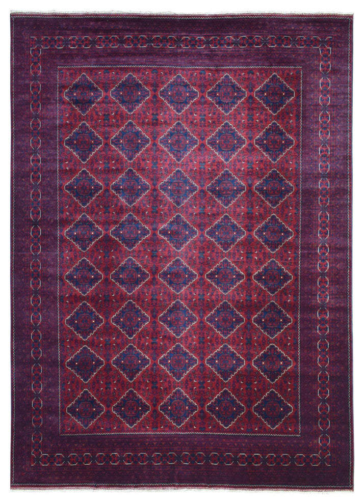 Red Hand Knotted Tribal Design Shiny Wool Afghan Khamyab Oriental Rug, 9'8"x13'