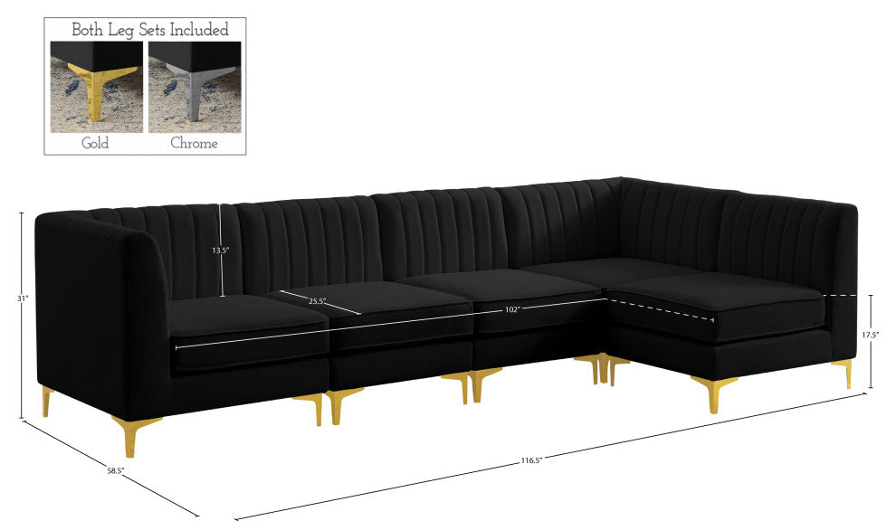 Alina Velvet Modular L-Shaped Modular Sectional, Black, 5-Piece: 3 Armless Chair, 2 Corner Chair