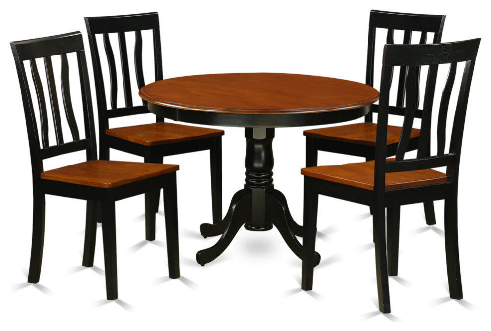 5 Pc Set, Round Dinette Table And 4 Wood Dinette Chairs, Black And Cherry