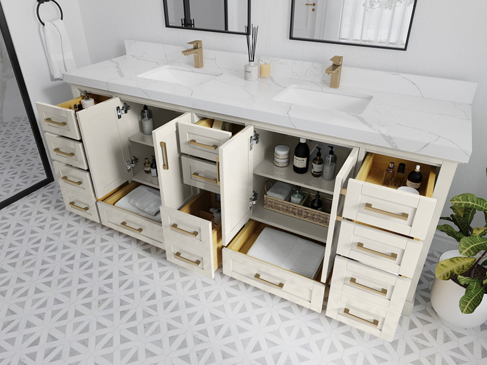 Boston 84" Double Sink Bath Vanity in Alabaster 2" Carrara Quartz