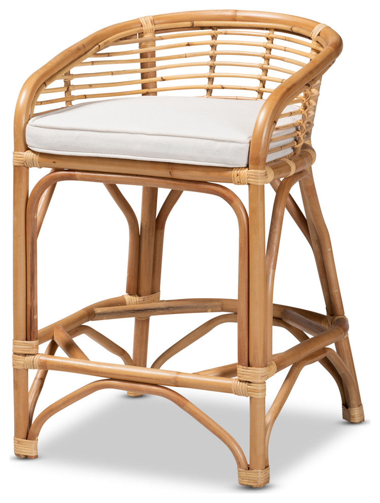 Merlin Modern Bohemian Rattan Collection, White/Natural Brown, Counter Stool