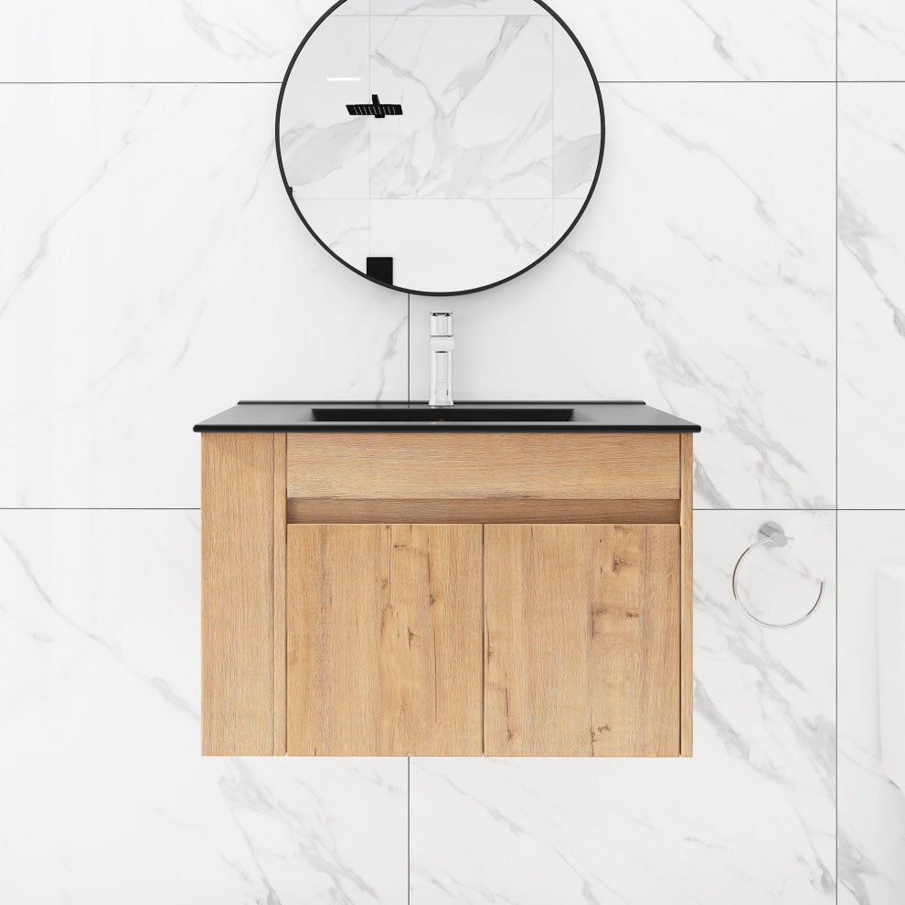 30 inch Wood Wall-Mounted Bathroom Vanity Set with Integrated Resin Sink, Imitative Oakï¼Œblack