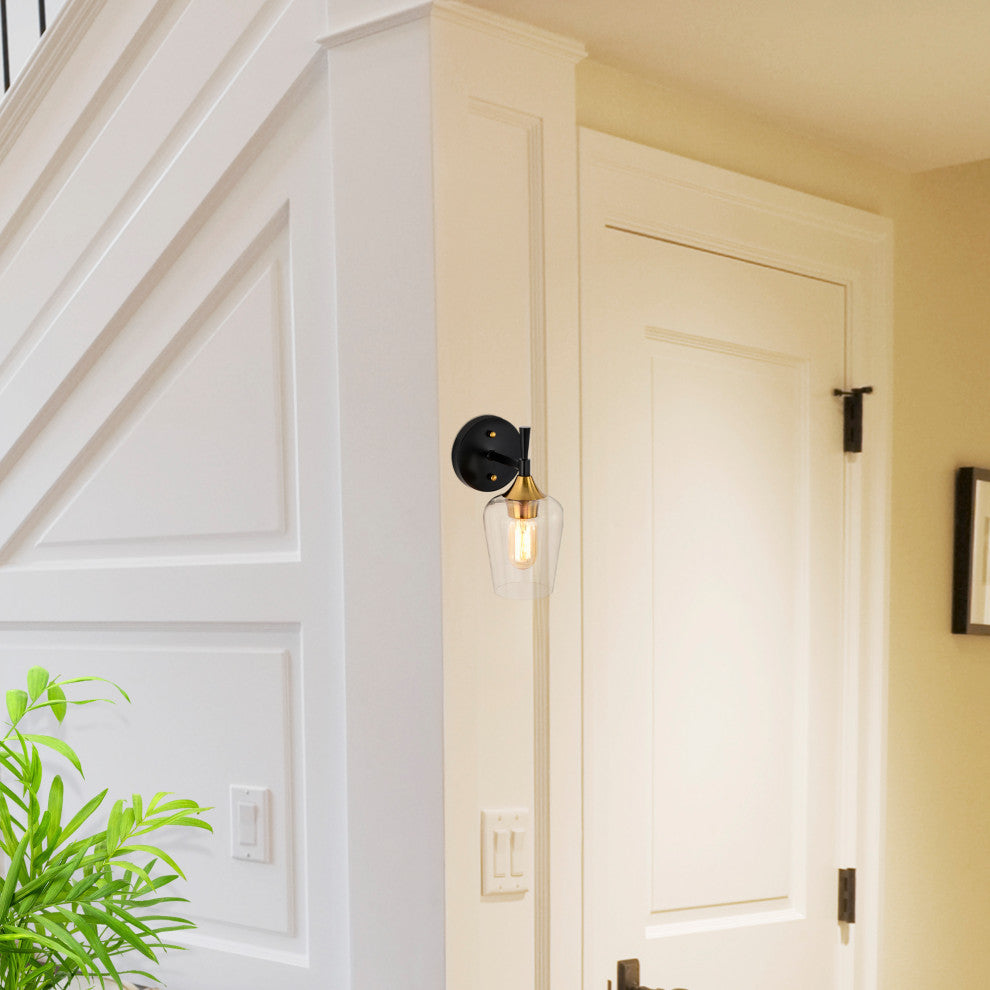 5 in. 1-Light Black and Antique Brass Indoor Wall Sconce With Clear Glass Shade