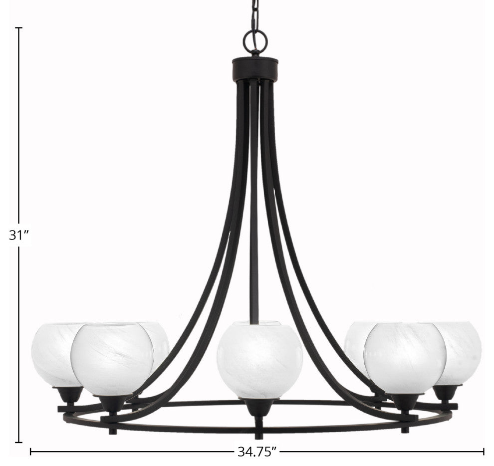 Paramount Uplight 8-Light Chandelier, Matte Black, 5.75" White Marble Glass