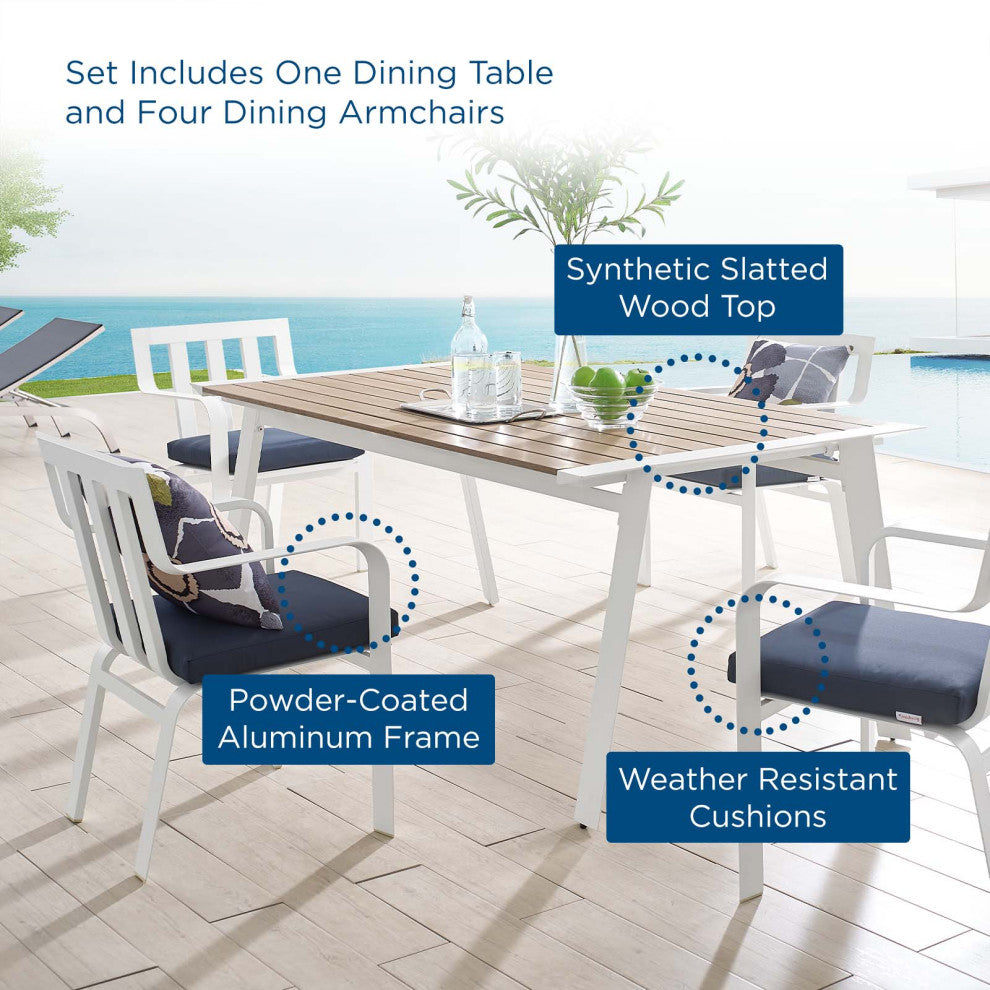 Side Dining Chair and Table Set, Aluminum, Metal, White Blue Navy, Outdoor