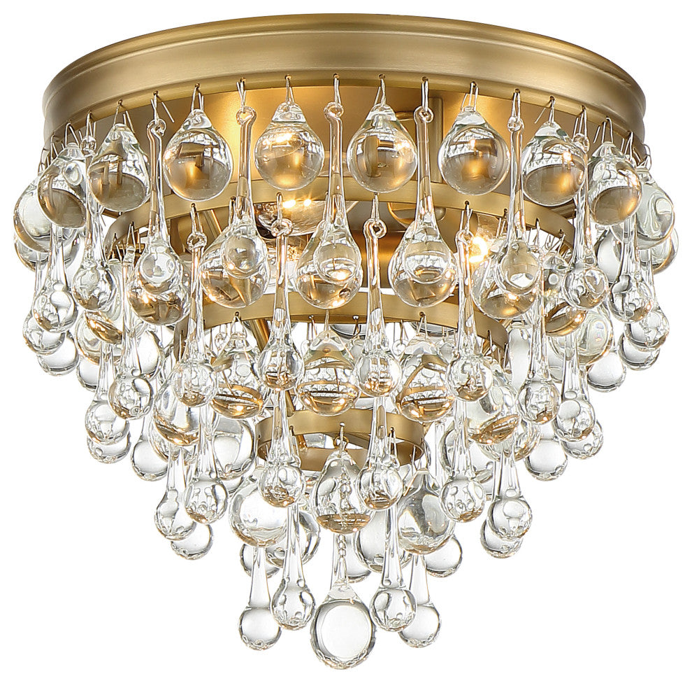 Calypso 3-Light 10" Ceiling Light, Vibrant Gold With Clear Glass Drops Cryst