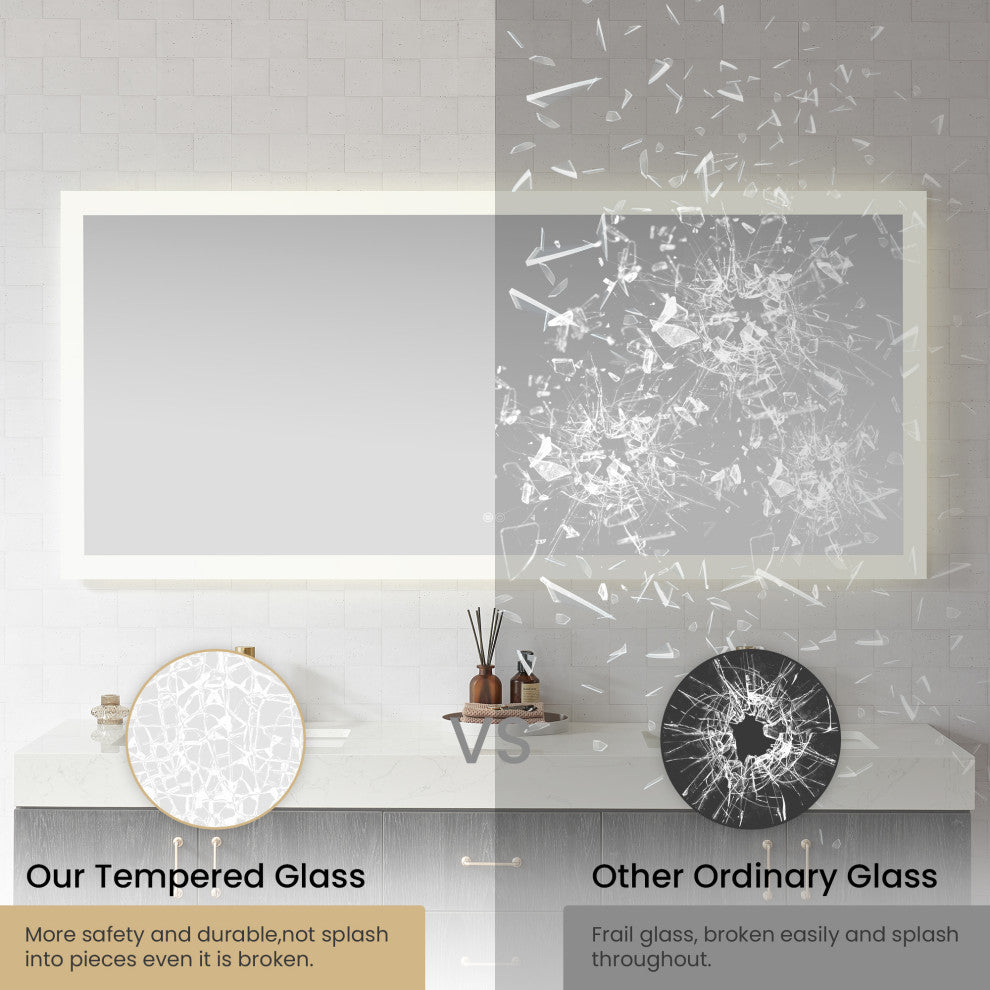 Beijing Rectangular Frameless LED Wall Bath Vanity Mirror, Acrylic, 72"w X 32"h