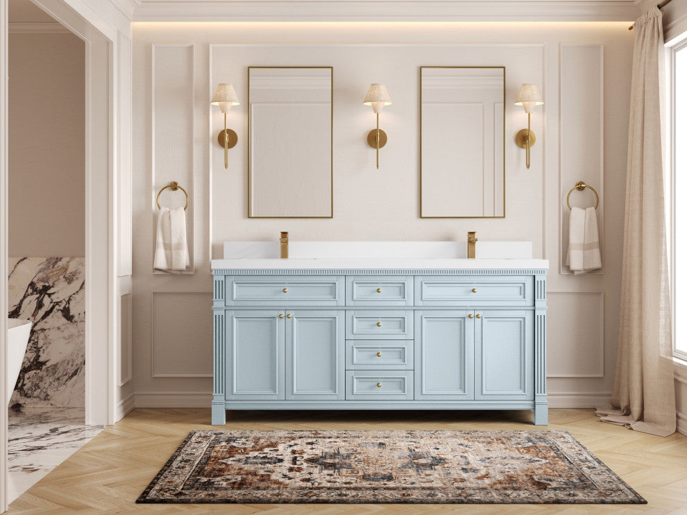 Paris 72" Double Sink Bathroom Vanity, Blue Heather 2" White Quartz