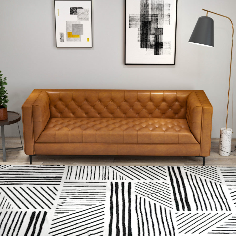 Houston Mid-Century Modern Luxury Chesterfield Genuine Leather Sofa, Cognac