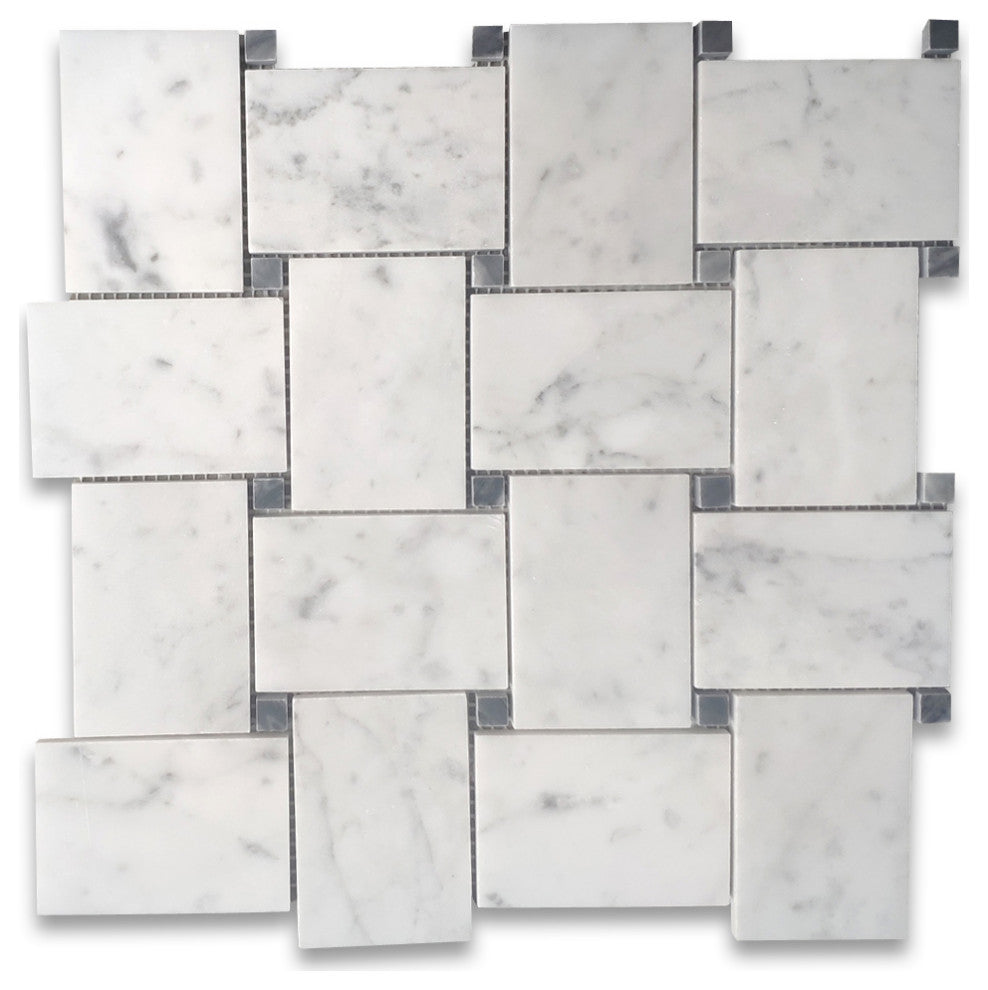 Carrara White Marble Large Basketweave Tile Bardiglio Gray Dots Polish, 1 sheet