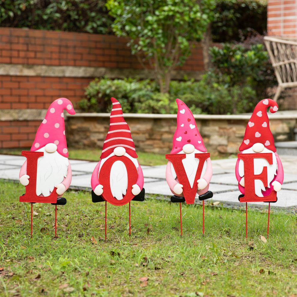 24" Metal Valentine's Love Gnome Yard Stake/Hanging Sign, 4-Piece Set