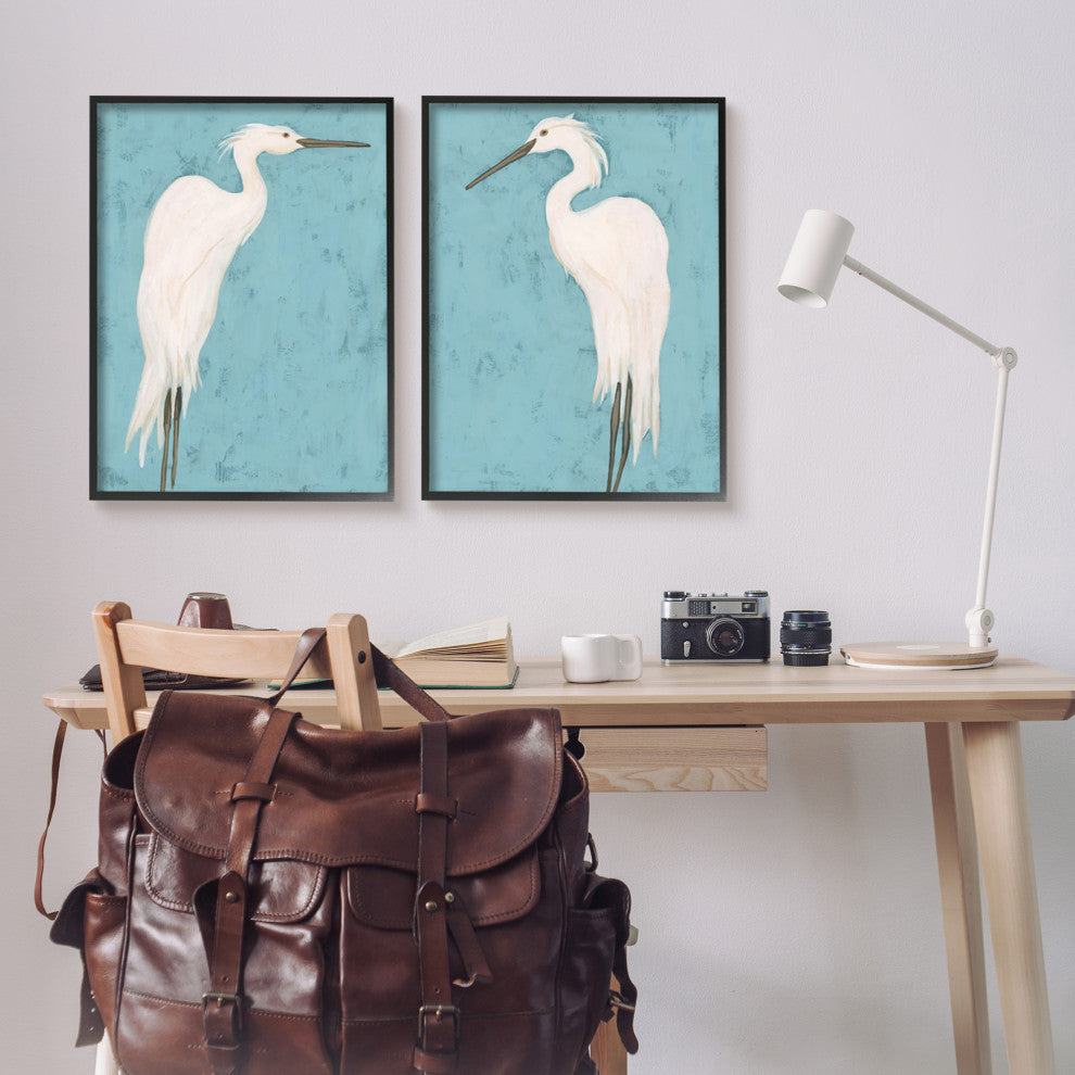 Nautical Heron Casual Coastal Bird Distressed Blue Painting, 2pc, each 24 x 30