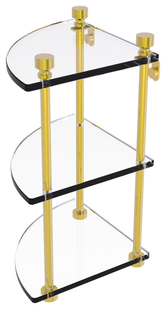 Foxtrot Three Tier Corner Glass Shelf, Polished Brass