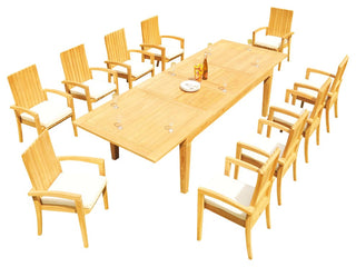 11-Piece Outdoor Teak Dining Set: 122" Rectangle Table 10 Goa Stacking Arm Chair