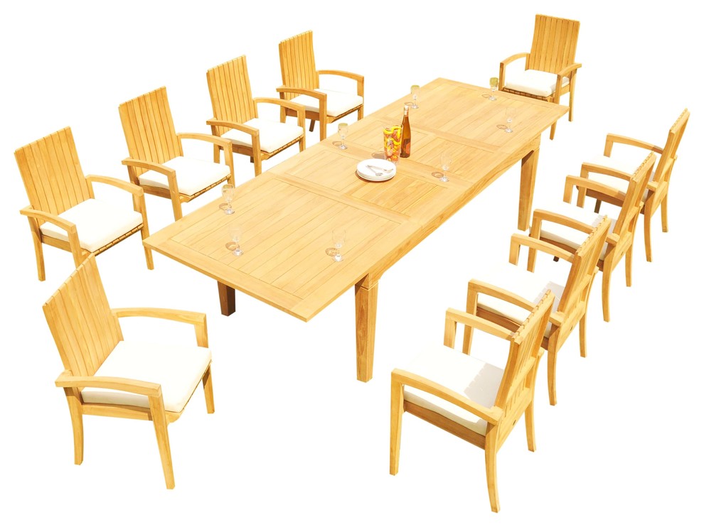 11-Piece Outdoor Teak Dining Set: 122" Rectangle Table 10 Goa Stacking Arm Chair