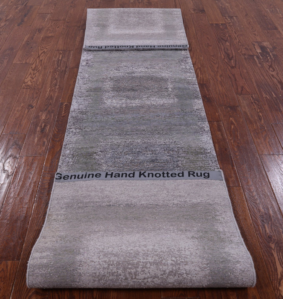 Runner Wool and Silk Abstract Hand Knotted Rug 2' 4" X 12' 1" Q9072