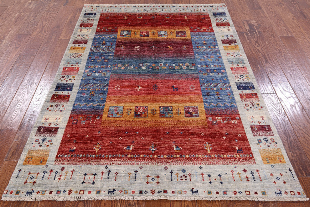 Tribal Persian Gabbeh Hand Knotted Wool Rug 4' 9" X 6' 6" Q7943