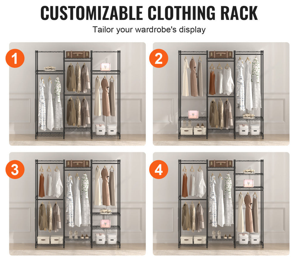 VEVOR Clothes Rack Rolling Clothing Garment Rack 4 Hang Rods & 8 Storage Tiers