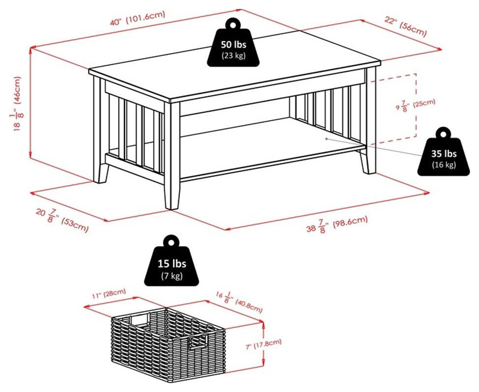 Morris Coffee Table with 3 Foldable Corn Husk Baskets, Espresso and Chocolate
