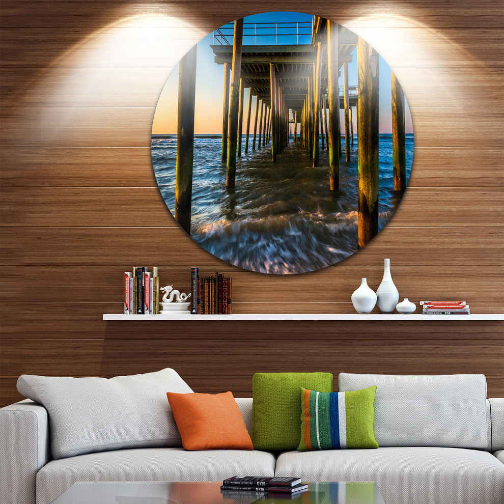 Fishing Pier And Waves At Atlantic Sea, Seascape Disc Metal Art, 11"