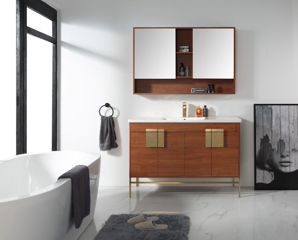 Shawbridge 48" Single Sink Bathroom Vanity, Spicy Walnut, Satin Brass Hardware