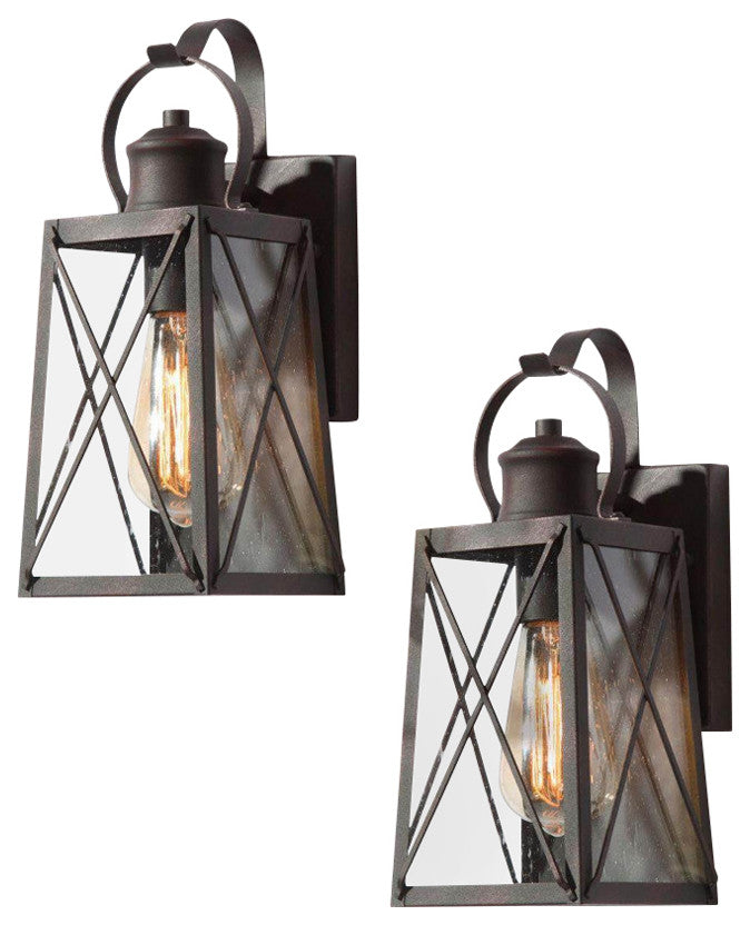 1-Light Seeded Glass X Outdoor Wall Lamp, Set of 2, 12.5"H, Antique Bronze