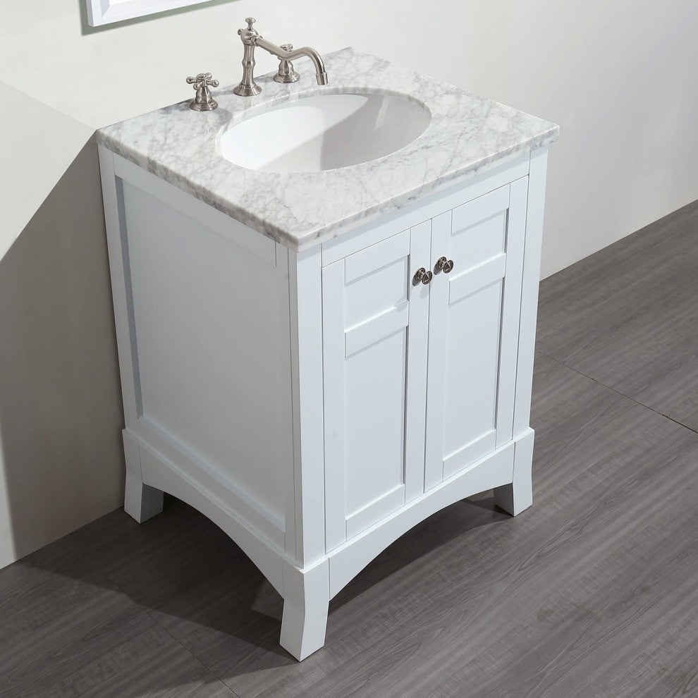 Eviva New York 24" White Bathroom Vanity, With White Marble Carrera Top and Sink