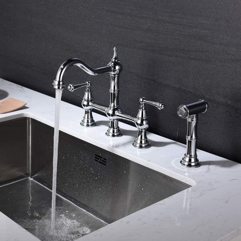 Wellfor Dual Handles Kitchen Sink Faucet With Pull-Out Side Spray