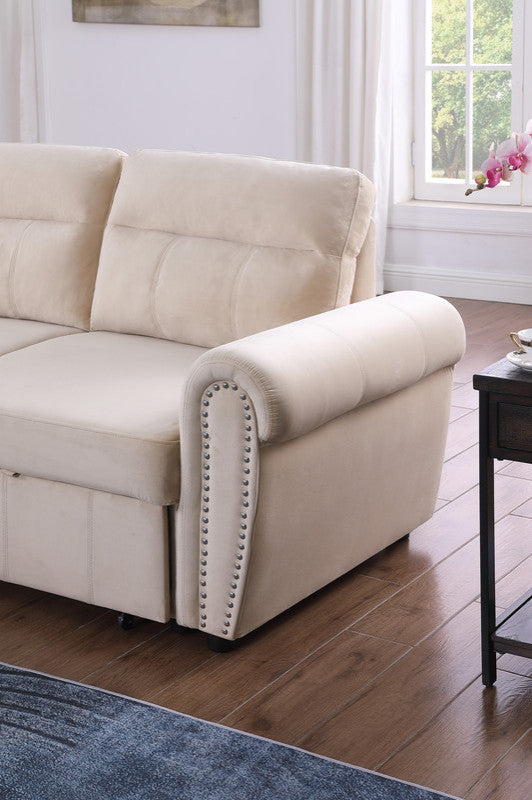 Ashton Velvet Fabric Reversible Sleeper Sectional Sofa Chaise, Beige