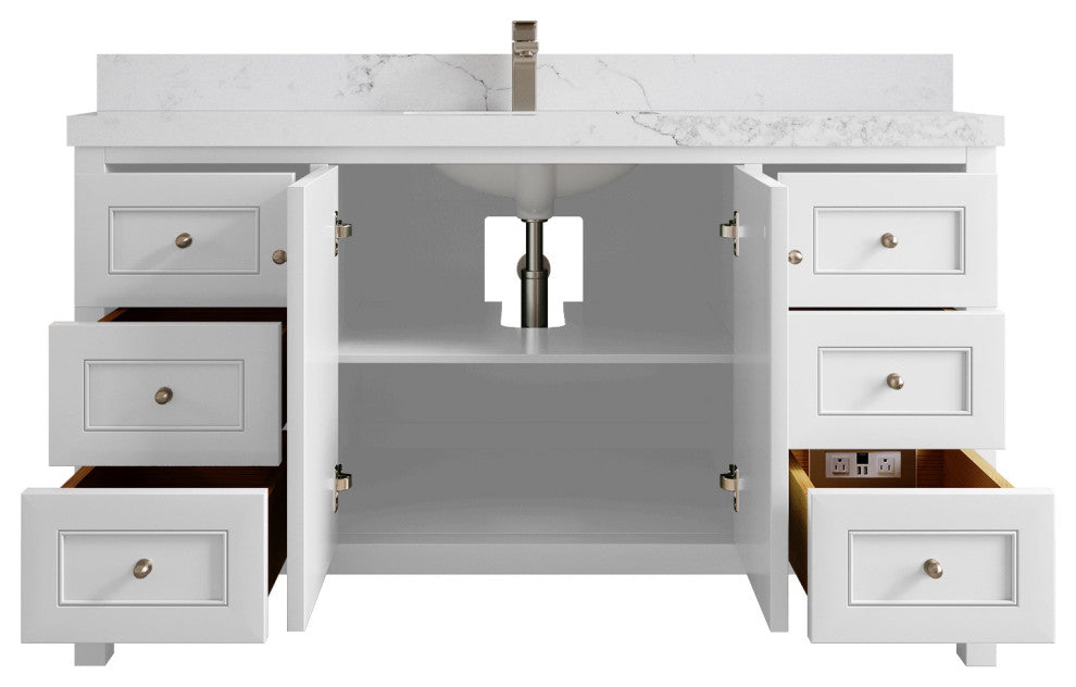 Nashville 60" Single Bathroom Vanity, White 2" Calacatta Nuvo